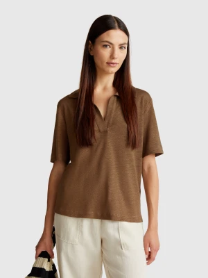 Benetton, Polo In Pure Linen, size XXS, Brown, Women United Colors of Benetton