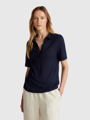 Benetton, Polo In Pure Linen, size S, Dark Blue, Women United Colors of Benetton