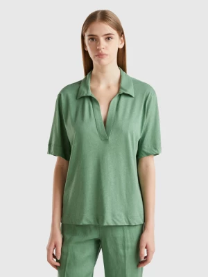 Benetton, Polo Shirt In Cotton And Linen Blend, size L, Green, Women United Colors of Benetton