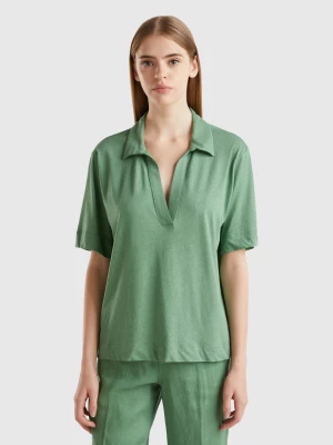 Benetton, Polo Shirt In Cotton And Linen Blend, size L, Green, Women United Colors of Benetton