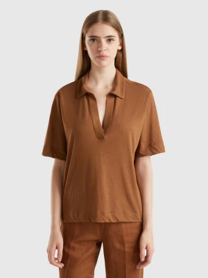 Benetton, Polo Shirt In Cotton And Linen Blend, size XS, Brown, Women United Colors of Benetton