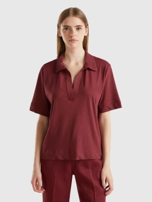 Benetton, Polo Shirt In Cotton And Linen Blend, size XS, Burgundy, Women United Colors of Benetton