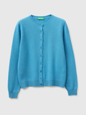Benetton, Powder Blue Crew Neck Cardigan In Pure Merino Wool, Size: XS, Light Blue, Women United Colors of Benetton