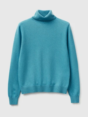 Benetton, Powder Blue Turtleneck In Pure Merino Wool, Size: XS, Light Blue, Women United Colors of Benetton