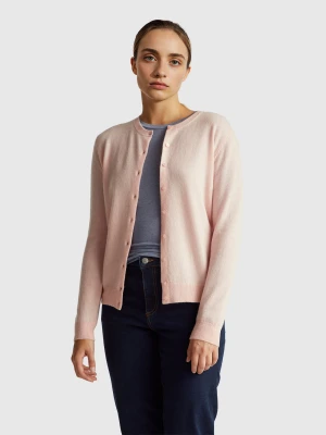 Benetton, Powder Pink Crew Neck Cardigan In Pure Merino Wool, Size: XS, Soft Pink, Women United Colors of Benetton