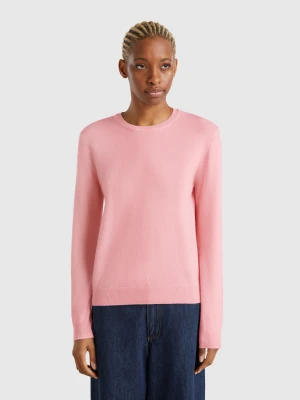 Benetton, Powder Pink Crew Neck Sweater In Merino Wool, size XS, Soft Pink, Women United Colors of Benetton