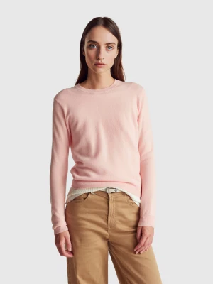 Benetton, Powder Pink Crew Neck Sweater In Merino Wool, Size: S, Soft Pink, Women United Colors of Benetton