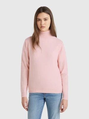 Benetton, Powder Pink Turtleneck Sweater In Pure Merino Wool, Size: XXS, Soft Pink, Women United Colors of Benetton