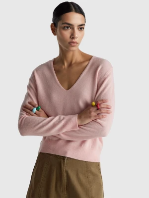 Benetton, Powder Pink V-neck Sweater In Pure Merino Wool, Size: XS, Soft Pink, Women United Colors of Benetton