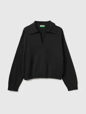 Benetton, Premium Cotton Polo Neck Sweater, Size: XS, Black, Women United Colors of Benetton