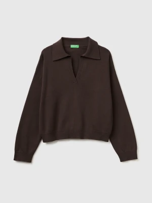 Benetton, Premium Cotton Polo Neck Sweater, Size: XS, Brown, Women United Colors of Benetton
