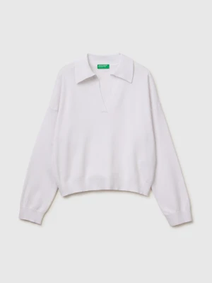 Benetton, Premium Cotton Polo Neck Sweater, Size: XS, White, Women United Colors of Benetton