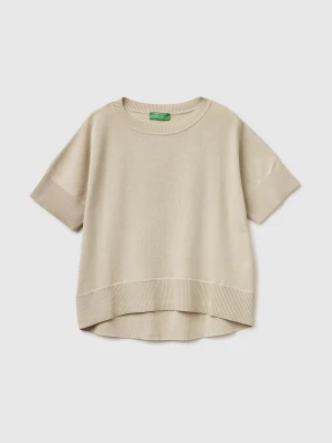 Benetton, Premium Cotton Short-sleeved Sweater, Size: XS, Beige, Women United Colors of Benetton