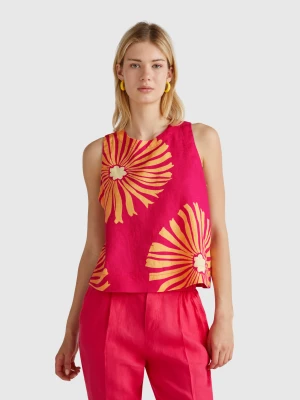 Benetton, Printed Top In Pure Linen, size XS, Fuchsia, Women United Colors of Benetton