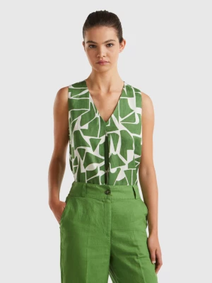 Benetton, Printed Linen Blouse, size XXS, Military Green, Women United Colors of Benetton
