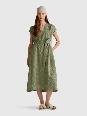 Benetton, Printed Linen Dress, size XXS, Military Green, Women United Colors of Benetton