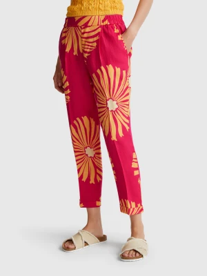 Benetton, Printed Linen Trousers, Size: S, Fuchsia, Women United Colors of Benetton
