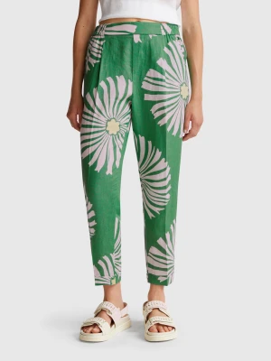 Benetton, Printed Linen Trousers, Size: XS, Green, Women United Colors of Benetton