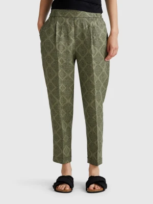 Benetton, Printed Linen Trousers, size XXS, Military Green, Women United Colors of Benetton