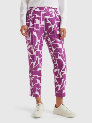 Benetton, Printed Linen Trousers, size XXS, Violet, Women United Colors of Benetton