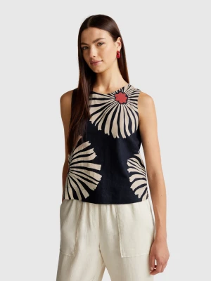 Benetton, Printed Top In Pure Linen, size XXS, Blue, Women United Colors of Benetton