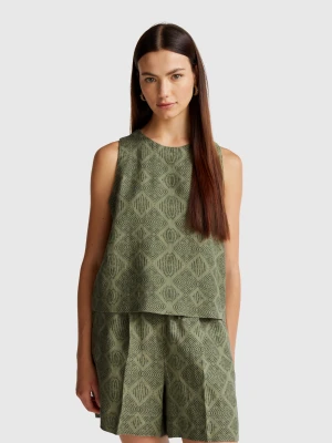 Benetton, Printed Top In Pure Linen, size XXS, Military Green, Women United Colors of Benetton