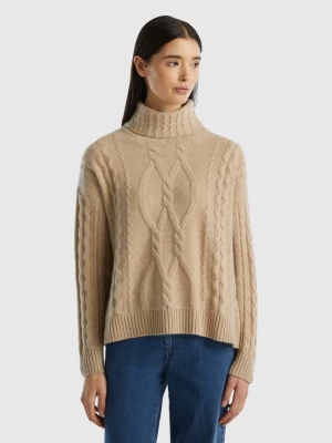 Benetton, Pure Cashmere Turtleneck With Cable Knit, size L, Beige, Women United Colors of Benetton
