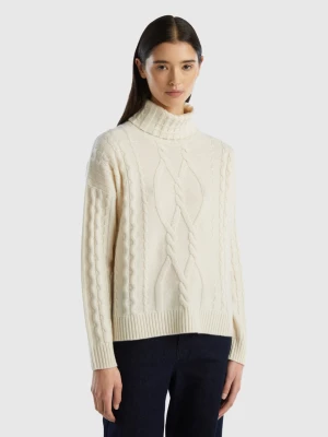 Benetton, Pure Cashmere Turtleneck With Cable Knit, size L, Creamy White, Women United Colors of Benetton