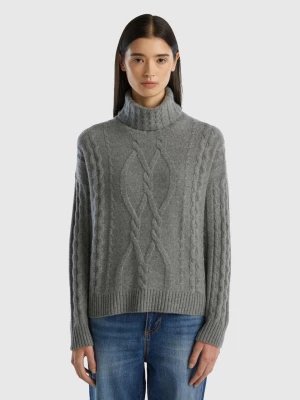 Benetton, Pure Cashmere Turtleneck With Cable Knit, size L, Dark Gray, Women United Colors of Benetton