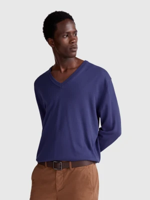 Benetton, Pure Cotton Sweater With V-neck, size M, Blue, Men United Colors of Benetton