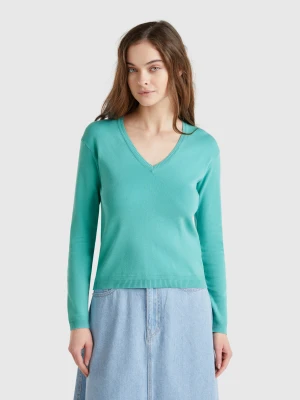 Benetton, Pure Cotton Sweater With V-neck, Size: S, Aqua, Women United Colors of Benetton
