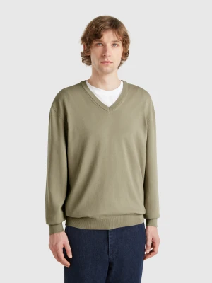 Benetton, Pure Cotton Sweater With V-neck, size XS, Military Green, Men United Colors of Benetton