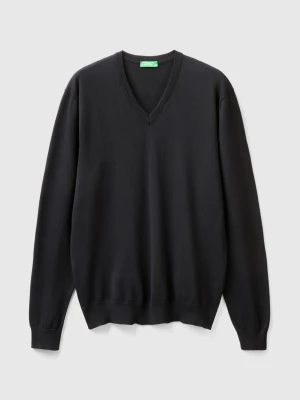 Benetton, Pure Cotton Sweater With V-neck, Size: XS, Black, Men United Colors of Benetton