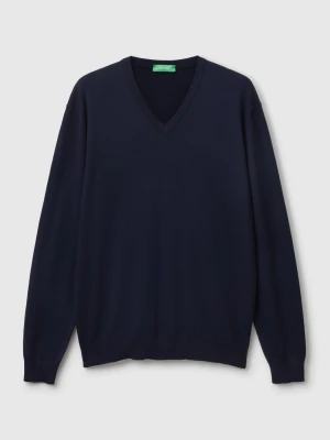 Benetton, Pure Cotton Sweater With V-neck, Size: XS, Dark Blue, Men United Colors of Benetton