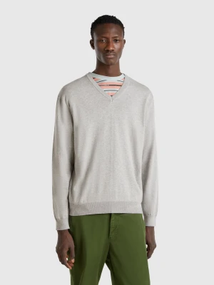 Benetton, Pure Cotton Sweater With V-neck, size XS, Light Gray, Men United Colors of Benetton