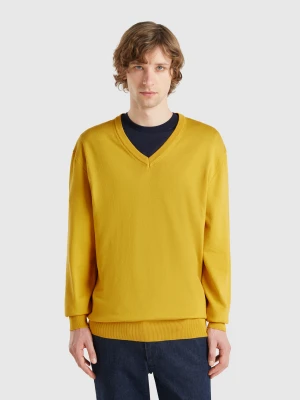 Benetton, Pure Cotton Sweater With V-neck, size XS, Mustard, Men United Colors of Benetton