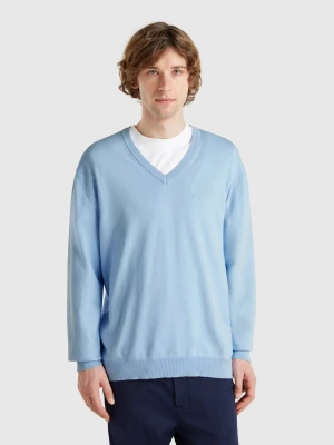 Benetton, Pure Cotton Sweater With V-neck, size XS, Sky Blue, Men United Colors of Benetton