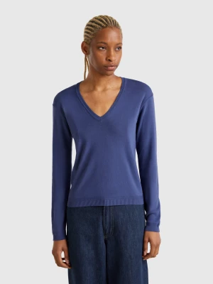 Benetton, Pure Cotton Sweater With V-neck, size XS, Blue, Women United Colors of Benetton