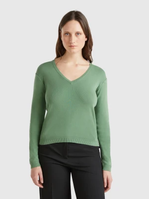 Benetton, Pure Cotton Sweater With V-neck, size XXS, Dark Green, Women United Colors of Benetton