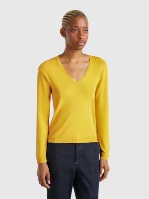 Benetton, Pure Cotton Sweater With V-neck, size M, Mustard, Women United Colors of Benetton