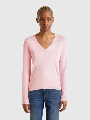 Benetton, Pure Cotton Sweater With V-neck, size XS, Pink, Women United Colors of Benetton