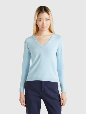 Benetton, Pure Cotton Sweater With V-neck, size XXS, Sky Blue, Women United Colors of Benetton