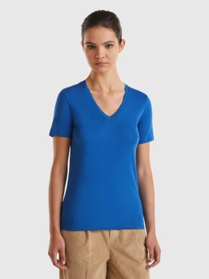 Benetton, Pure Cotton T-shirt With V-neck, size L, Air Force Blue, Women United Colors of Benetton