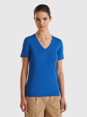 Benetton, Pure Cotton T-shirt With V-neck, size L, Air Force Blue, Women United Colors of Benetton