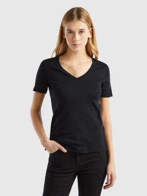 Benetton, Pure Cotton T-shirt With V-neck, size L, Black, Women United Colors of Benetton