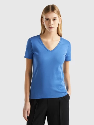 Benetton, Pure Cotton T-shirt With V-neck, size L, Blue, Women United Colors of Benetton