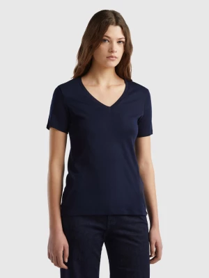 Benetton, Pure Cotton T-shirt With V-neck, size L, Dark Blue, Women United Colors of Benetton