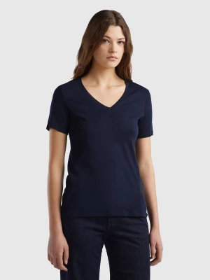 Benetton, Pure Cotton T-shirt With V-neck, size L, Dark Blue, Women United Colors of Benetton