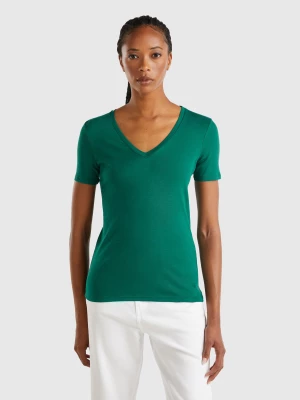 Benetton, Pure Cotton T-shirt With V-neck, size L, Dark Green, Women United Colors of Benetton