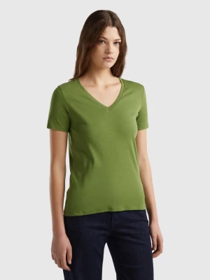 Benetton, Pure Cotton T-shirt With V-neck, size L, Military Green, Women United Colors of Benetton